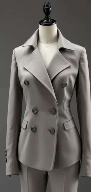 Cream and blue double-breasted jacket on a mannequin
