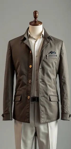 Olive green luxury jacket with a pocket square and button details