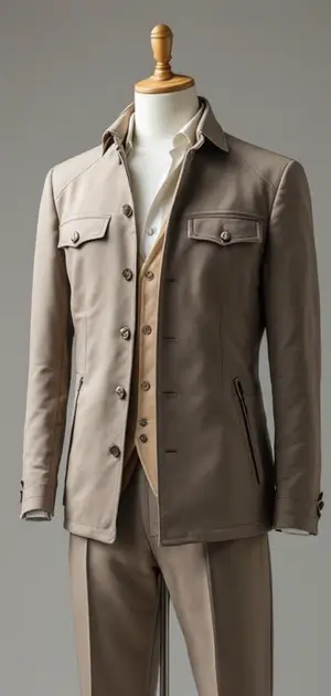 Tan tailored jacket with buttoned flap pockets and a layered shirt-and-vest combination