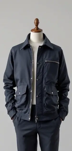 Navy blue mid-range jacket with button and zip closure, styled with matching trousers