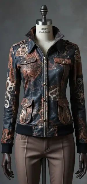 Bold black jacket with splashes of bright graphic prints