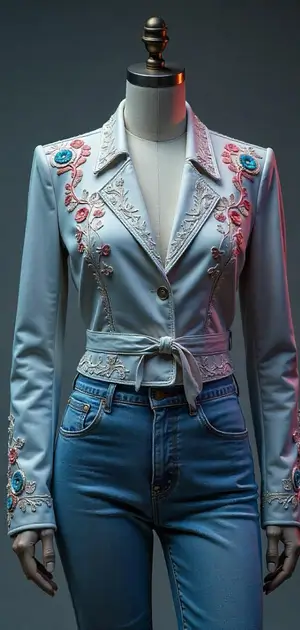 Light blue jacket with colorful embroidery and tie waist