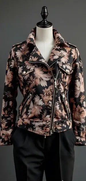 Black floral print jacket on mannequin