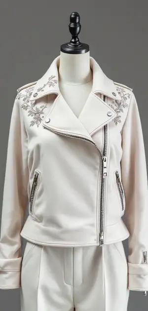 White summer jacket with grey floral details on mannequin