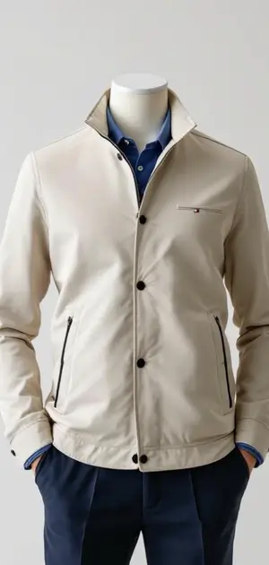 Light beige Tommy Hilfiger jacket with zippered pockets and a high collar
