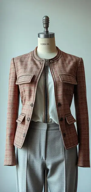Vintage brown textured jacket with front zip on mannequin