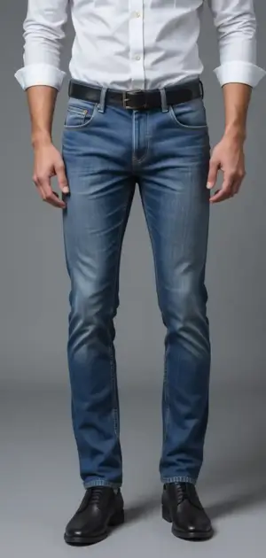 Man wearing dark blue straight-leg jeans with a black belt and dress shoes.