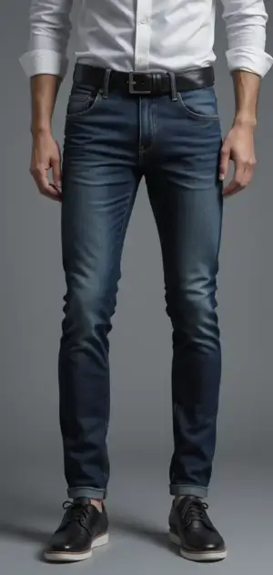 Man wearing dark blue athletic-fit jeans with a black belt and dress shoes