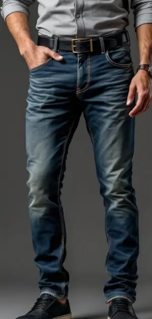 Man wearing dark-wash slim-fit jeans with a black belt and black shoes