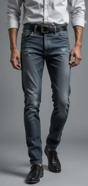 Man in faded grayish-blue slim-fit jeans with a black belt and black loafers