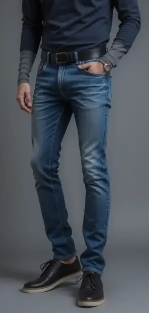 Man wearing slim-fit blue jeans with a black belt, grey shirt, and dress shoes