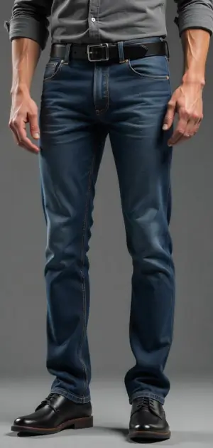 Man in dark blue slub jeans with a black belt and dress shoes