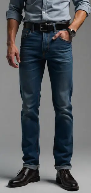 Man in dark blue jeans with a black belt and black leather shoes