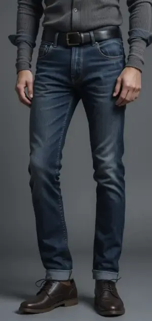 Man in dark-washed vintage jeans with a black belt and brown leather boots.