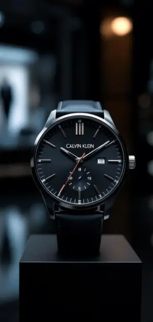 A Calvin Klein minimalist black watch with a date display