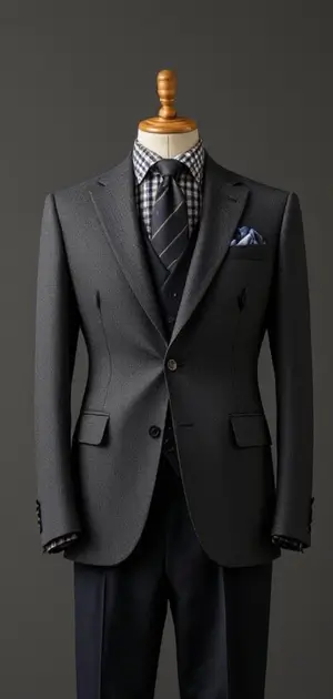 A tailored charcoal blazer with a checkered pattern, worn with a tie and pocket square