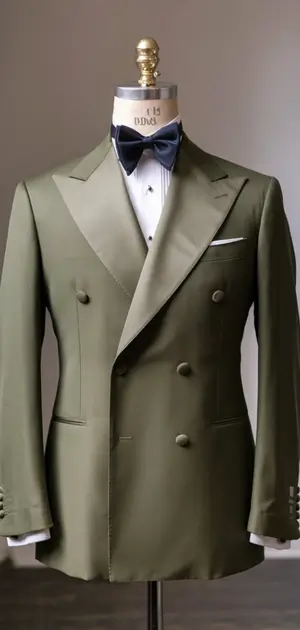 Olive green double-breasted suit on a mannequin