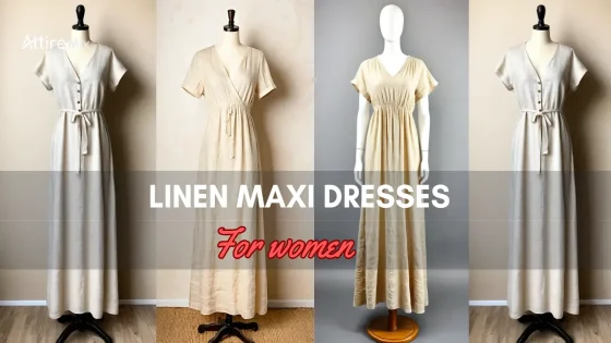Four linen maxi dresses on mannequins with text "Linen Maxi Dresses For Women