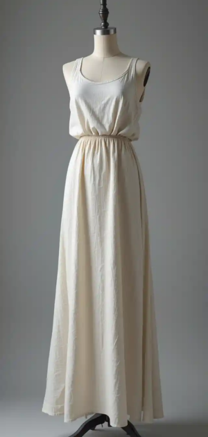 Sleeveless cream-colored maxi dress on a mannequin