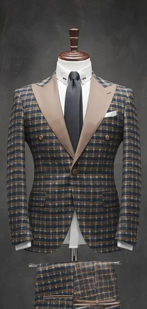 Men's plaid linen suit in beige and gray on display