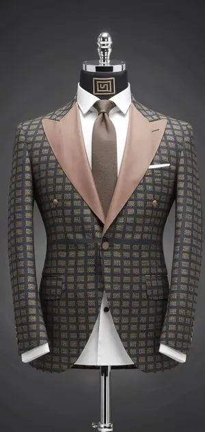 Men's gray and beige checked linen suit on a mannequin