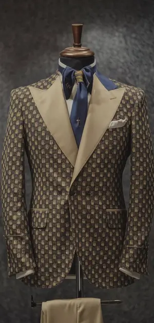 Men's modern fit linen suit with beige and navy patterns on a mannequin