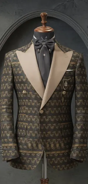 Men's dark patterned linen suit with tan lapels displayed on a mannequin