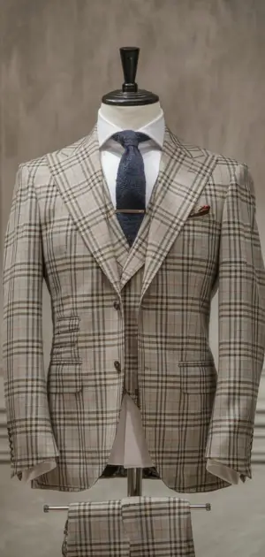Classic beige linen suit on display