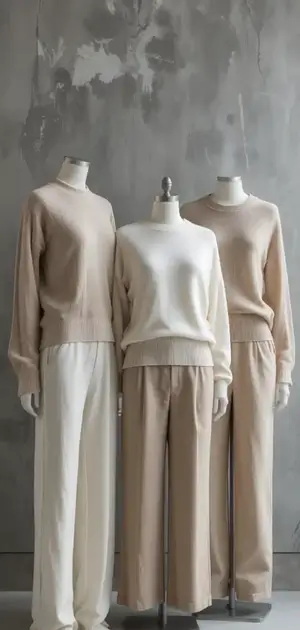 Collection of linen sweaters on mannequins in soft beige tones