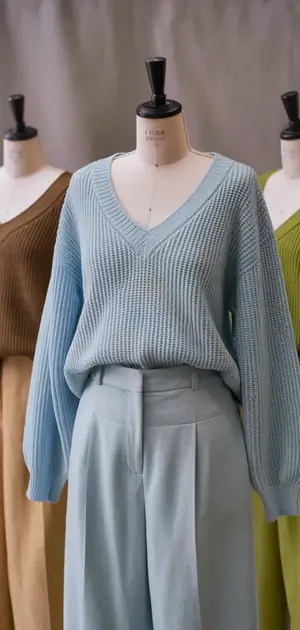 Mannequin showcasing a linen v-neck sweater in soft blue over beige trousers