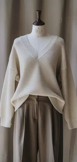 Mannequin showcasing a linen v-neck sweater in soft blue over beige trousers