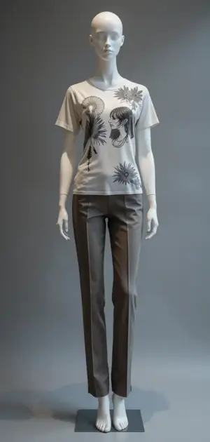 Mannequin in a white linen t-shirt with black palm prints