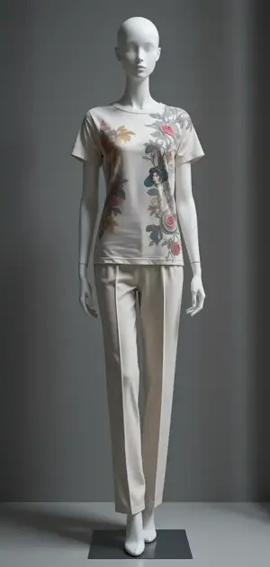Mannequin in a light t-shirt with colorful floral and fauna illustrations