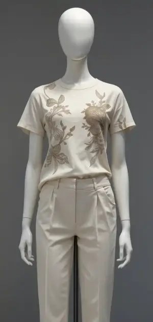 Mannequin clad in a cream t-shirt with floral and bird print