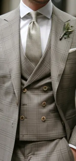 Mannequin displaying a light grey checked linen suit