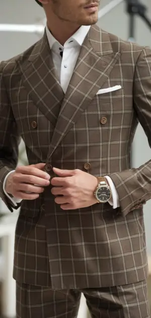 Man in a brown checked double-breasted suit