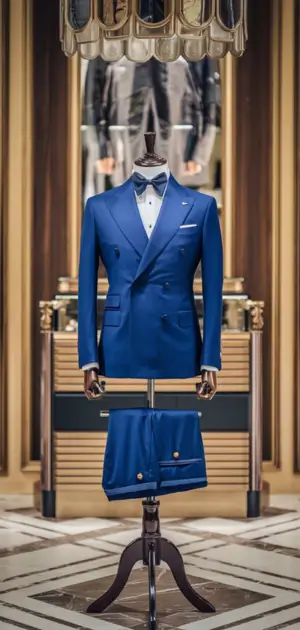 Blue double-breasted suit displayed on a mannequin