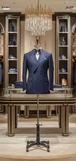 Navy double-breasted suit displayed in a luxury store