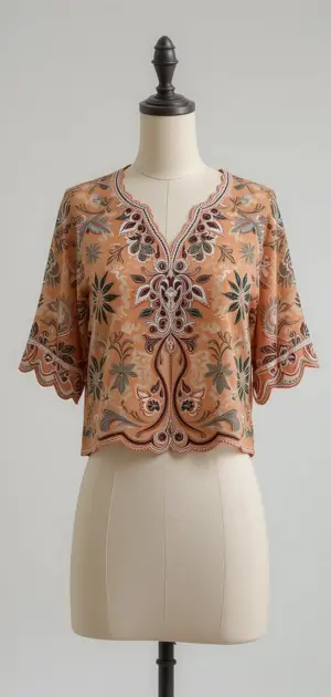 Peach-toned blouse with delicate embroidery and a scalloped finish.