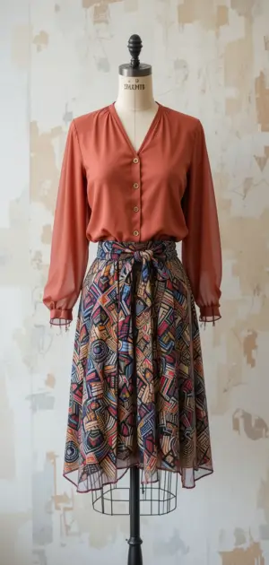 Rust blouse with a flowy geometric print skirt on a mannequin.