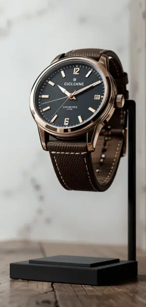 Men’s canvas watch featuring a black dial, rose gold casing, and brown fabric strap.