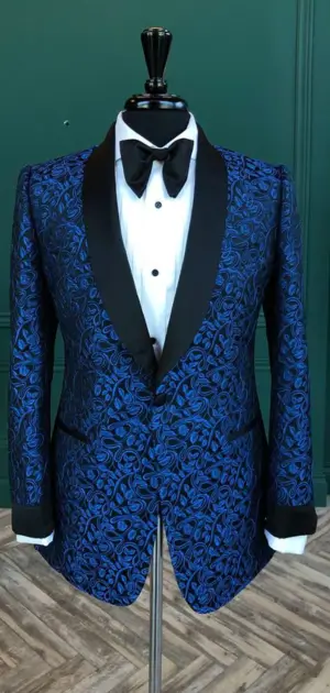 A striking men’s blazer featuring vibrant blue floral patterns and sleek black lapels, ideal for formal events.