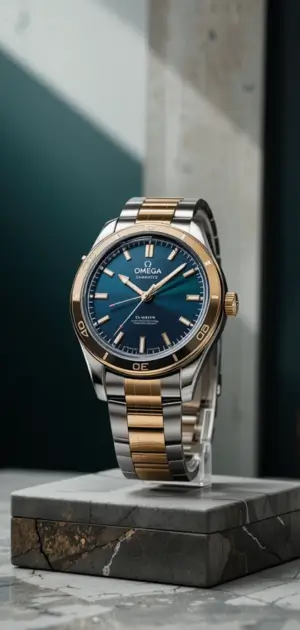A refined men’s luxury watch featuring a gold and silver bracelet and bold blue dial.