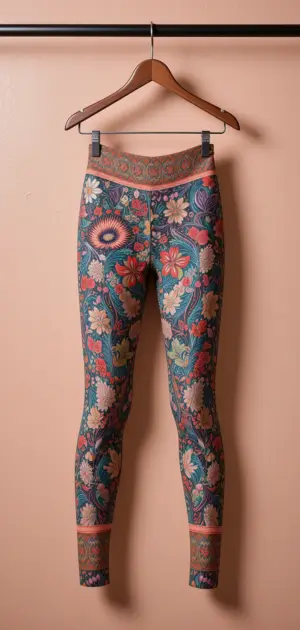 Women’s mid-range leggings featuring colorful floral designs and ornate details.