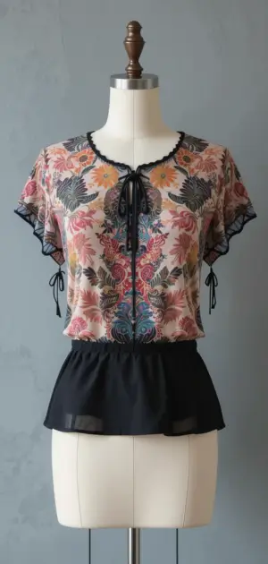 A polyester blouse featuring vibrant floral prints, a black peplum hem, and a tie-neck.