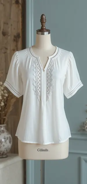White short-sleeve summer blouse with lace details and flowy design. 