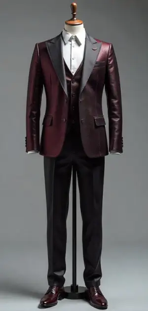 A burgundy tuxedo with black satin lapels, a waistcoat, and matching shoes on a mannequin