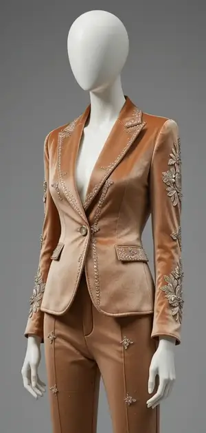 Gold velvet blazer with ornate floral embroidery and a fitted silhouette.