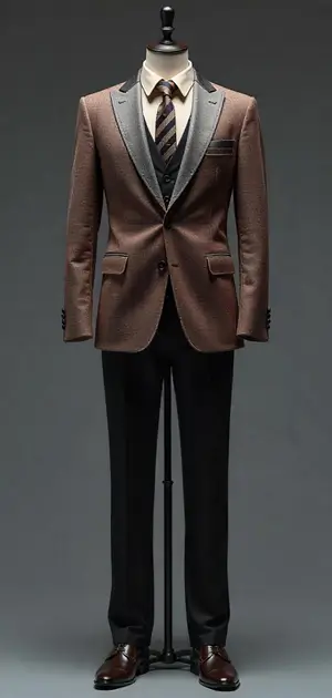 A brown blazer with a textured design, black lapels, and matching formal trousers