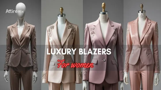 Luxury blazers for women in beige, pink, and taupe tones with detailed embroidery.